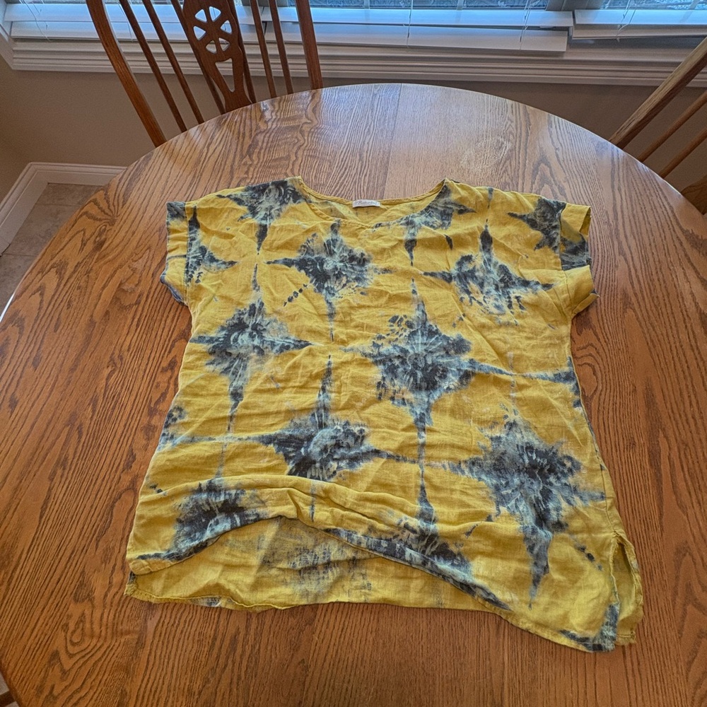 Bellambra Yellow Blue Green Starburst Linen Shirt Size L